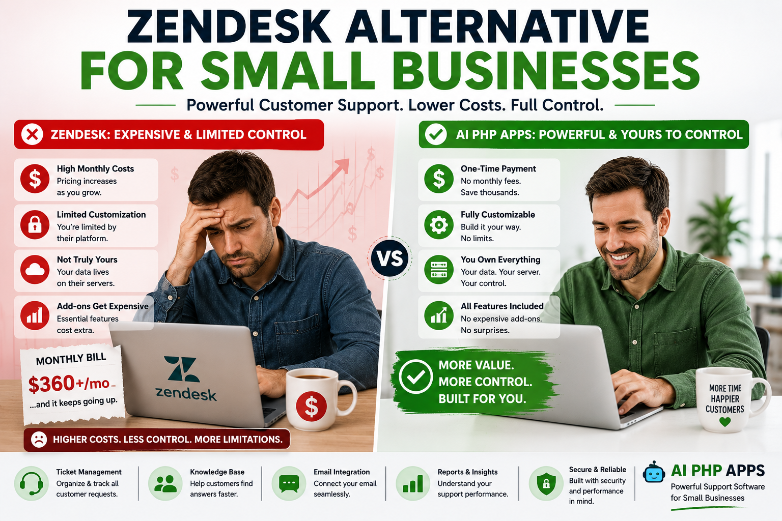 Comparison between Zendesk and a self-hosted customer support solution for small businesses focusing on costs, ownership, customization, and control.